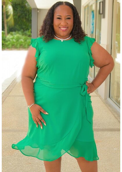 Shelby & Palmer RETTI- Plus Size Solid Chiffon Frill Arm Dress