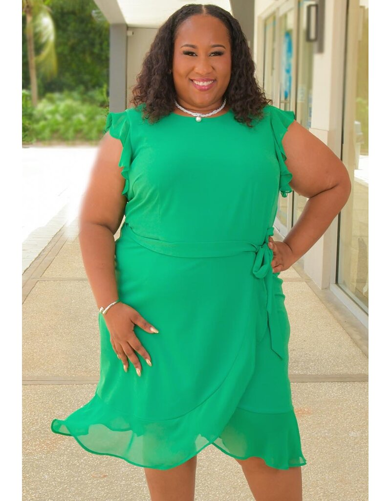 Shelby & Palmer RETTI- Plus Size Solid Chiffon Frill Arm Dress