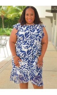Shelby & Palmer RETTI- Plus Size Leaf Print Dress with Chiffon Frill Arms