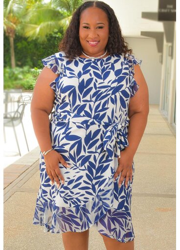Shelby & Palmer RETTI- Plus Size Leaf Print Dress with Chiffon Frill Arms