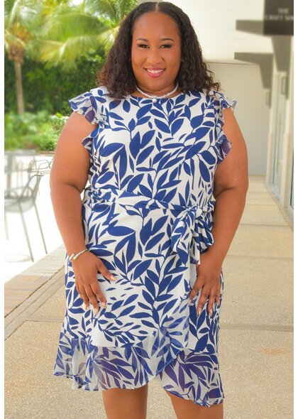 Shelby & Palmer RETTI- Plus Size Leaf Print Dress with Chiffon Frill Arms