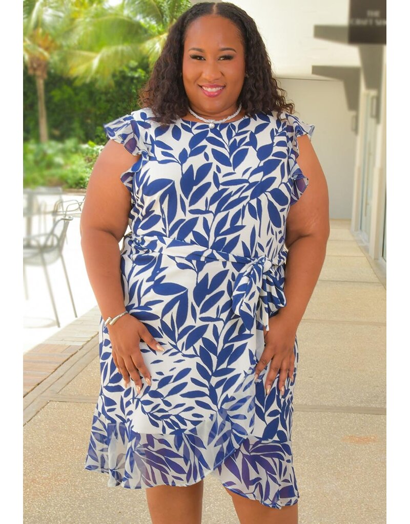 Shelby & Palmer RETTI- Plus Size Leaf Print Dress with Chiffon Frill Arms