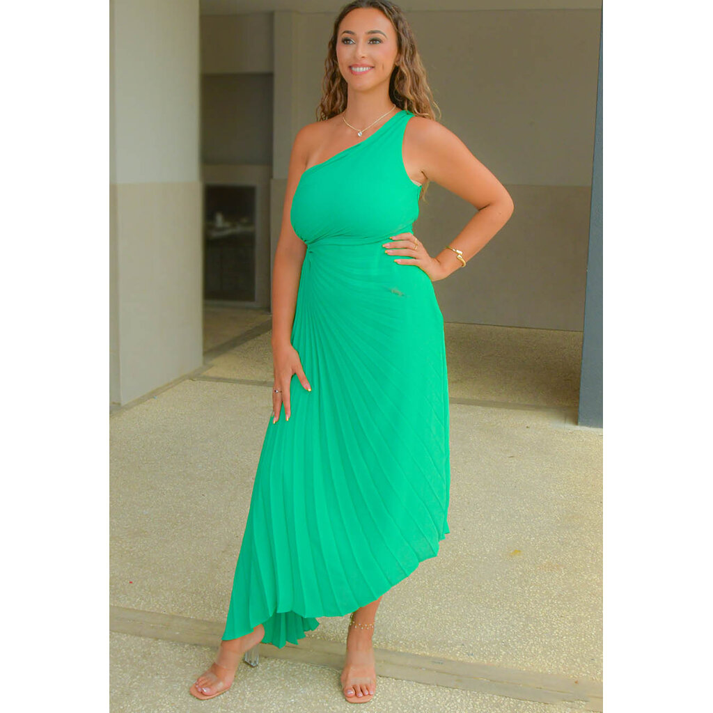 RITIM- Long Solid 1 Shoulder Steam Pleat Dress