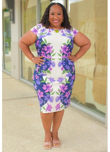 UPPIA- Plus Size Floral Square Neck Dress with Cap Sleeves