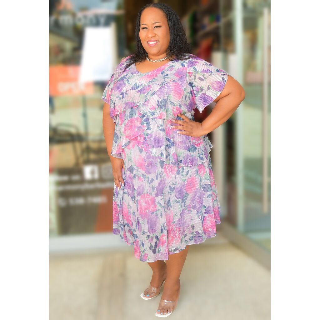 FALLONA- Plus Size Floral Foil Print Dress with Shutters
