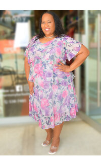 FALLONA- Plus Size Floral Foil Print Dress with Shutters