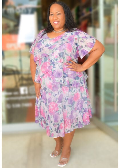 FALLONA- Plus Size Floral Foil Print Dress with Shutters