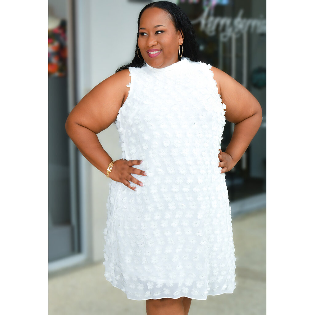 FEBBY-Plus Size Armhole Hi-Neck Flower Pattern Dress