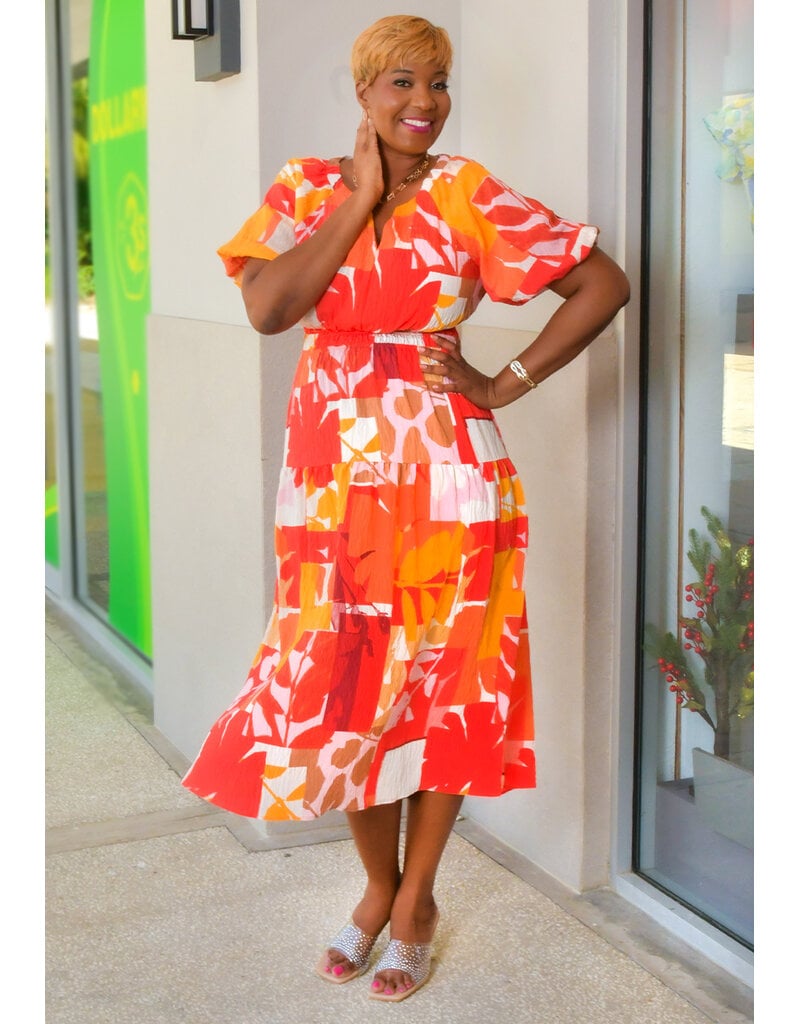 FIGUEROA & FLOWER ALAN- Printed V-Neck Puff Sleeve Dress