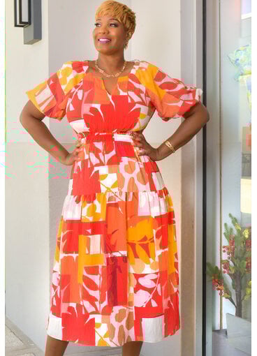 FIGUEROA & FLOWER ALAN- Printed V-Neck Puff Sleeve Dress