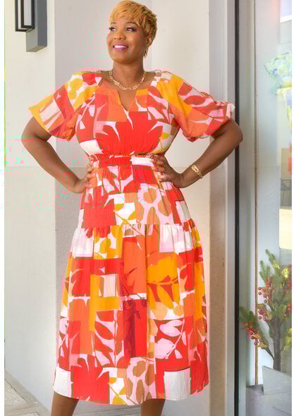 FIGUEROA & FLOWER ALAN- Printed V-Neck Puff Sleeve Dress