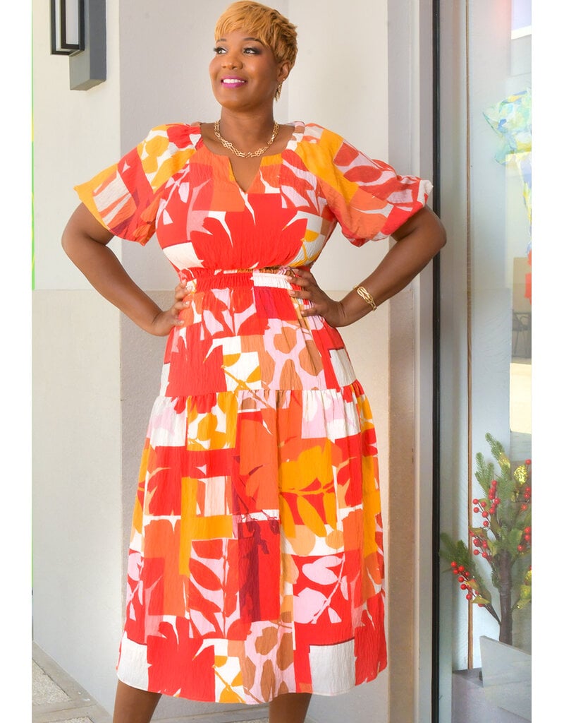 FIGUEROA & FLOWER ALAN- Printed V-Neck Puff Sleeve Dress