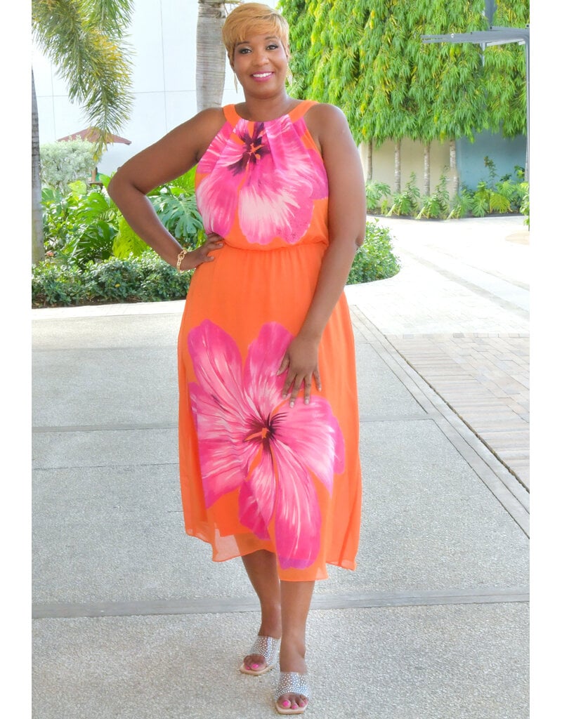 Signature FANE- Long Printed Chiffon Dress with Elastic Waist