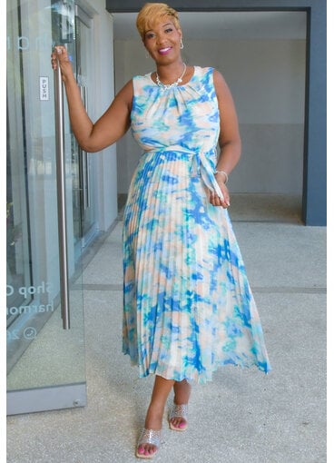 Sandra Darren FIDINA- Printed Armhole Dress with Steam Pleat Bottom