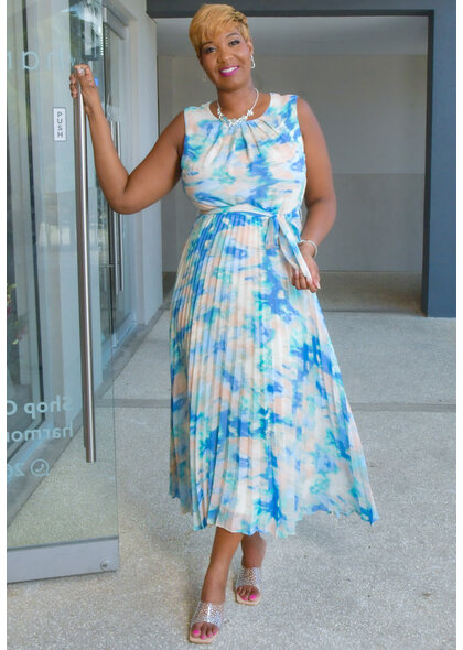 Sandra Darren FIDINA- Printed Armhole Dress with Steam Pleat Bottom