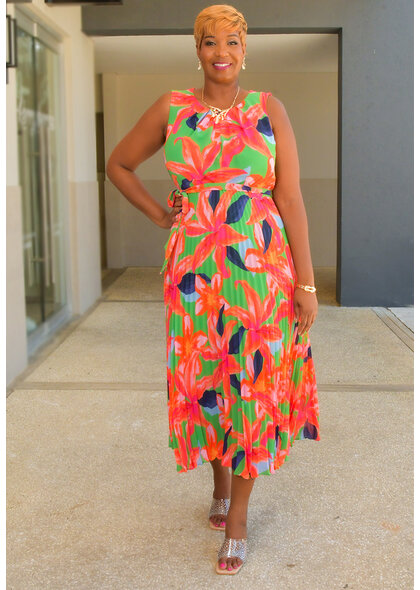 Sandra Darren FIDINA- Floral Armhole Dress with Steam Pleat Bottom