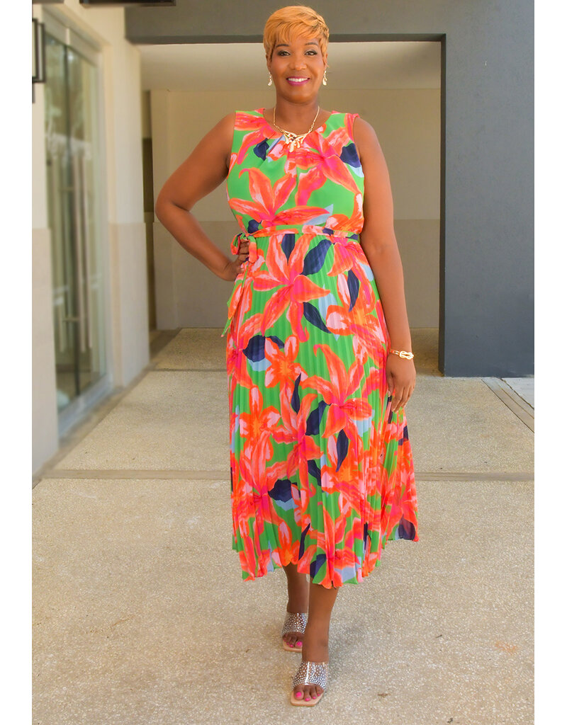 Sandra Darren FIDINA- Floral Armhole Dress with Steam Pleat Bottom