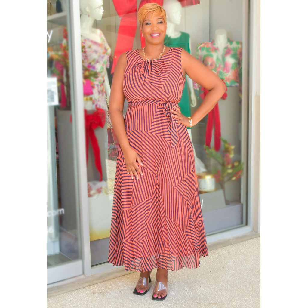 FIDINA- Long Stripe Dress with Steam Pleat Bottom