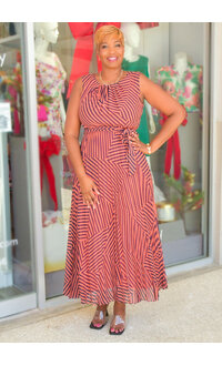 Sandra Darren FFIDINA- Long Stripe Dress with Steam Pleat Bottom