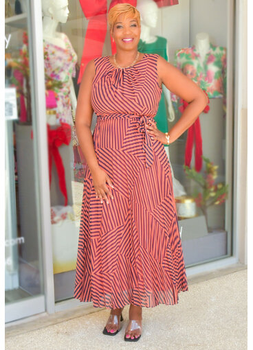 Sandra Darren FIDINA- Long Stripe Dress with Steam Pleat Bottom