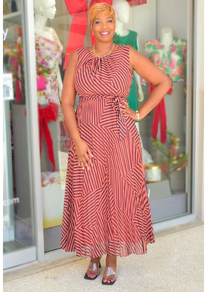 Sandra Darren FFIDINA- Long Stripe Dress with Steam Pleat Bottom