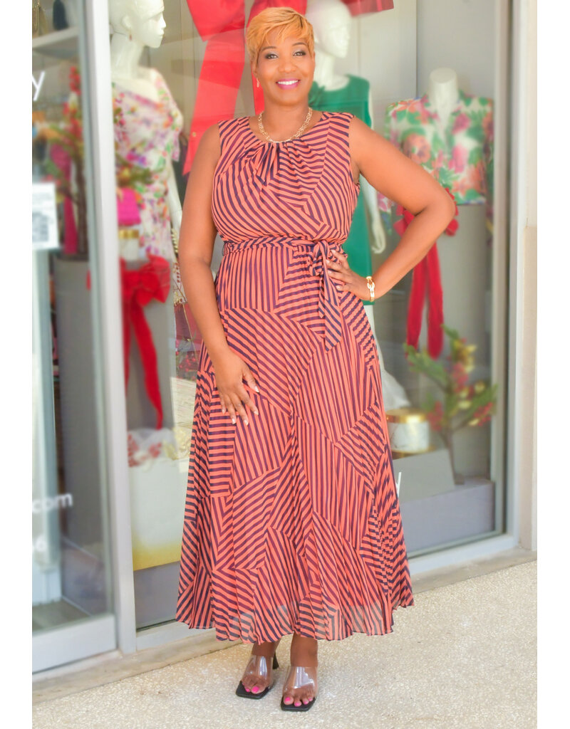 Sandra Darren FIDINA- Long Stripe Dress with Steam Pleat Bottom