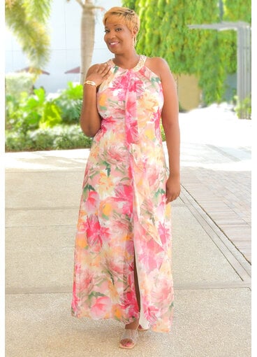 FORDIE- Floral Foil Print Hi Neck Dress