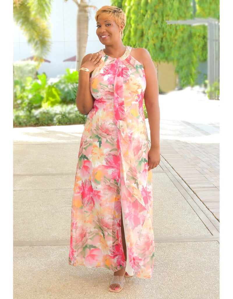 FORDIE- Floral Foil Print Hi Neck Dress