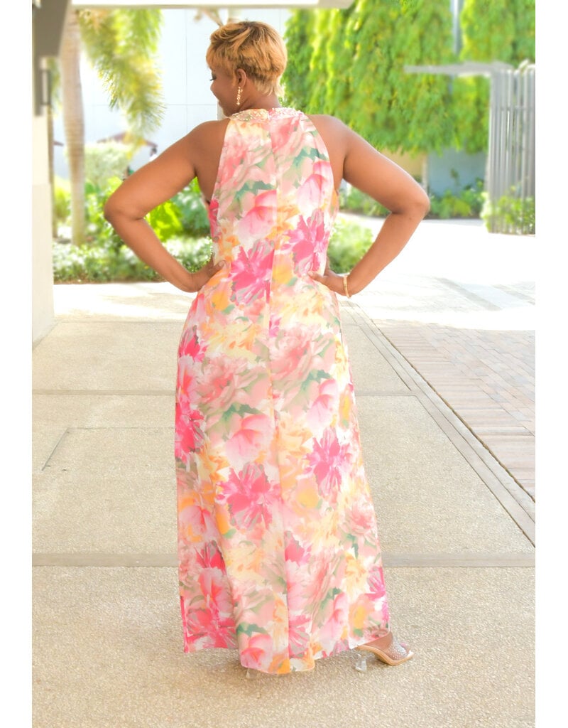 FORDIE- Floral Foil Print Hi Neck Dress