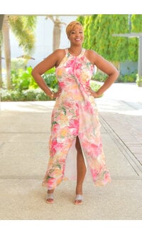 FORDIE- Floral Foil Print Hi Neck Dress