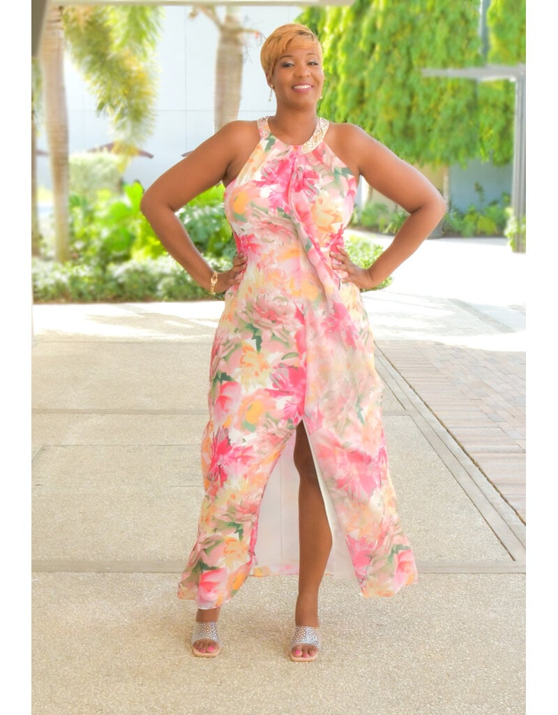 FORDIE- Floral Foil Print Hi Neck Dress