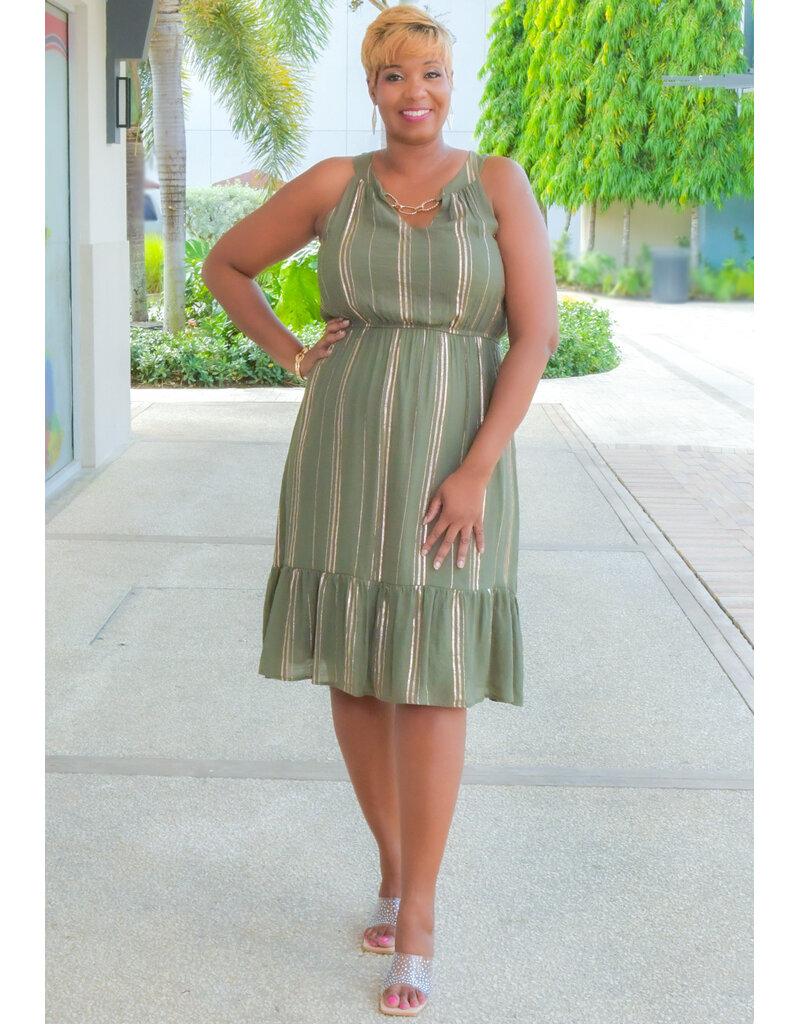 GERMINI- Stripe Foil V Neck Dress with Chain