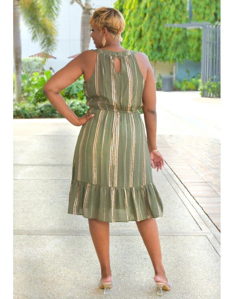 GERMINI- Stripe Foil V Neck Dress with Chain