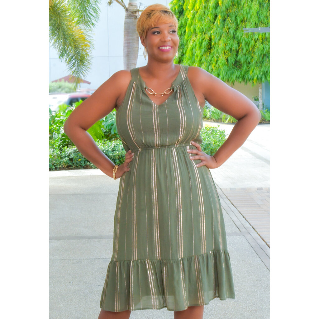 GERMINI- Stripe Foil V Neck Dress with Chain
