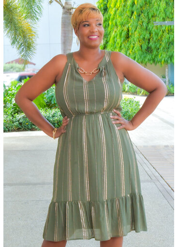 GERMINI- Stripe Foil V Neck Dress with Chain