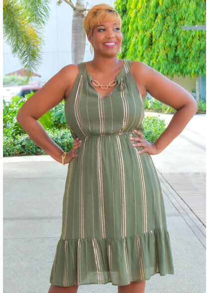 GERMINI- Stripe Foil V Neck Dress with Chain