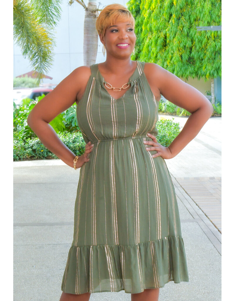 GERMINI- Stripe Foil V Neck Dress with Chain