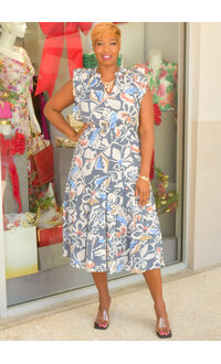 Sandra Darren GETHA- Printed Slit Neck Dress with Double Frill