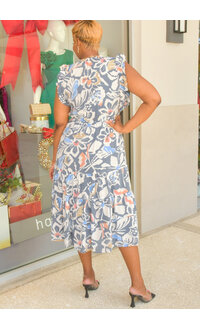 Sandra Darren GETHA- Printed Slit Neck Dress with Double Frill