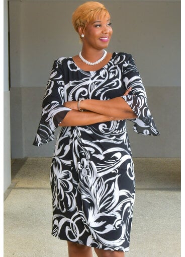 IHEEM- Printed Wrap Dress with 3/4 Trumpet Sleeves