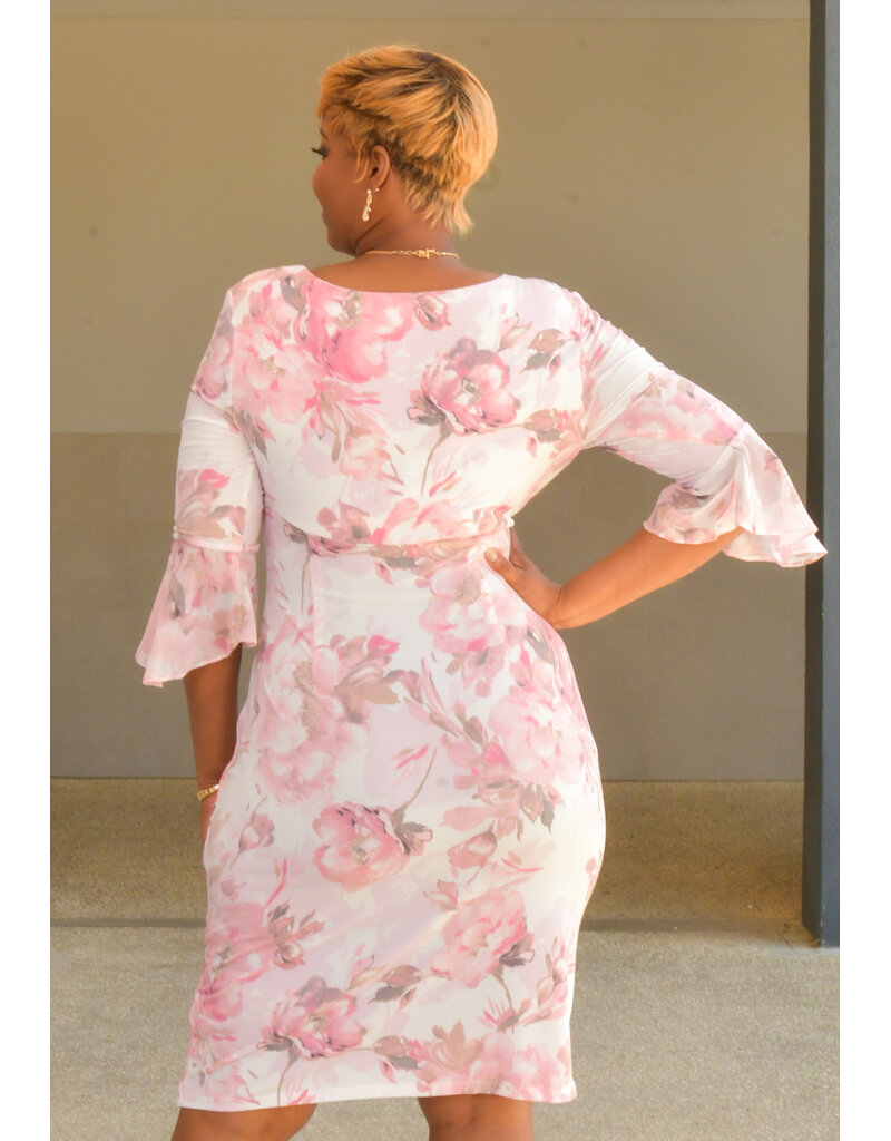 IOPIN- Floral Wrap Dress with 3/4 Trumpet Sleeves