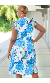 Nina Leonard KAARLO- Floral Elastic Neck Dress with Frill Arms