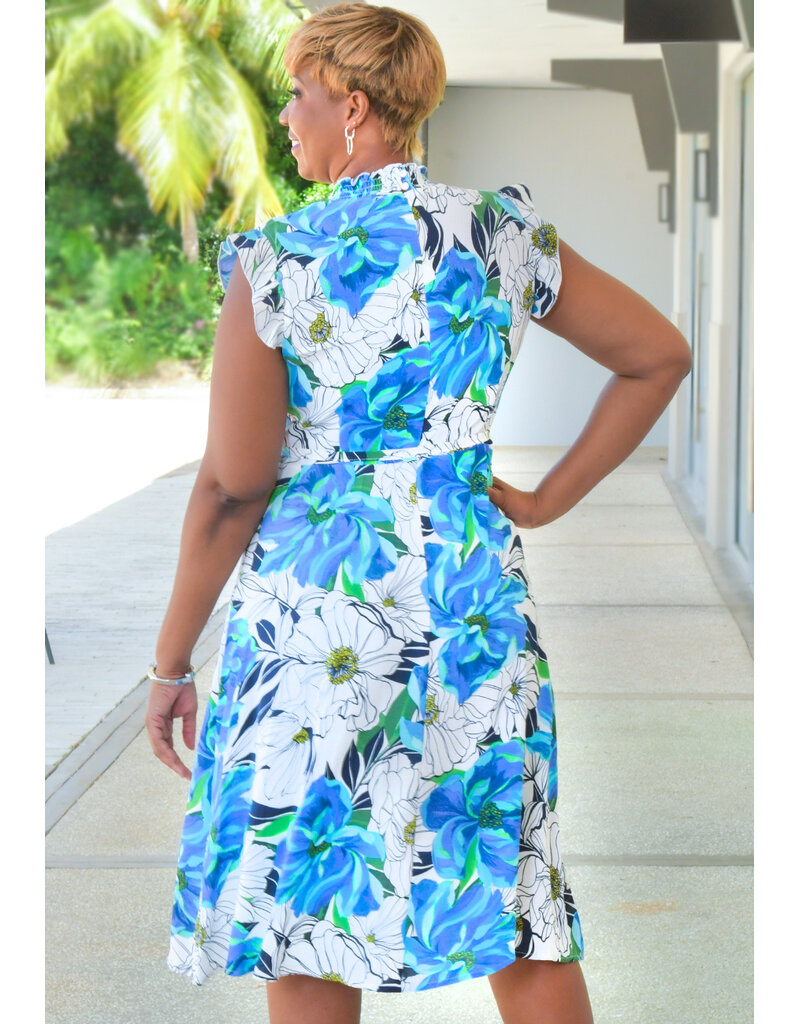 Nina Leonard KAARLO- Floral Elastic Neck Dress with Frill Arms