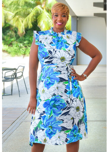 Nina Leonard KAARLO- Floral Elastic Neck Dress with Frill Arms