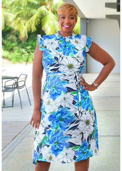 Nina Leonard KAARLO- Floral Elastic Neck Dress with Frill Arms