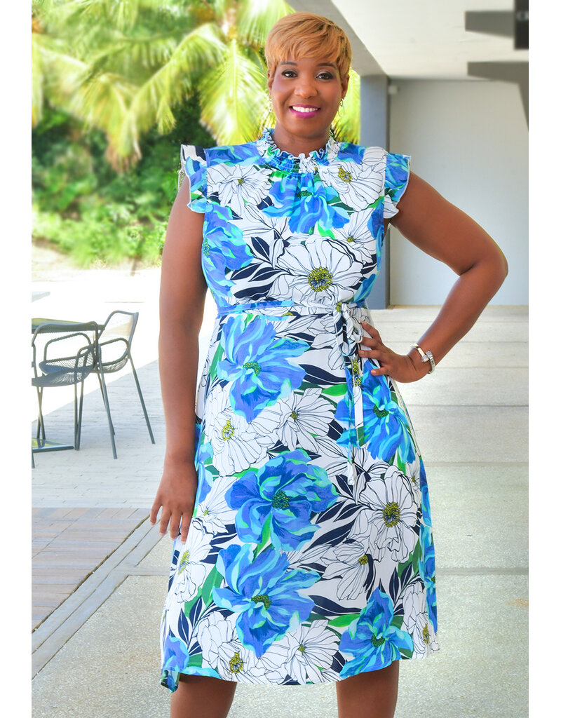 Nina Leonard KAARLO- Floral Elastic Neck Dress with Frill Arms