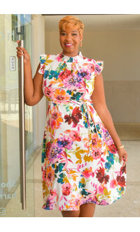 Nina Leonard KAARLO- Floral Elastic Neck Dress with Frill Arms