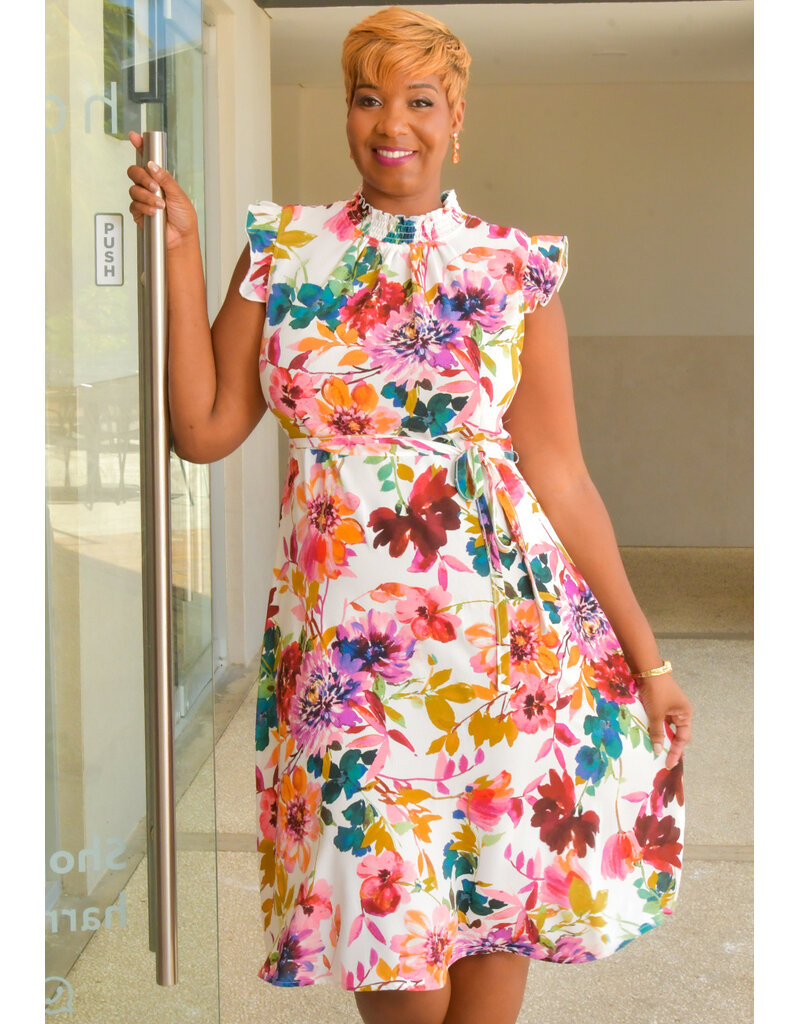 Nina Leonard KAARLO- Floral Elastic Neck Dress with Frill Arms