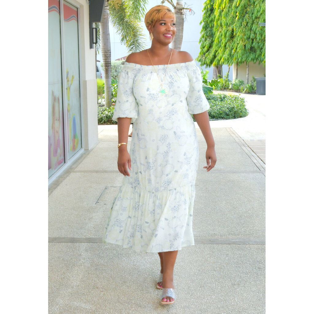 KOLLYNS- Printed Elastic Neck Puff Sleeve Dress