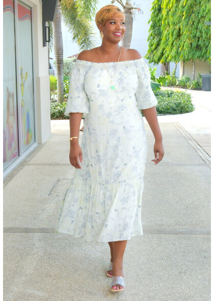 MARISSA OLIVIA KOLLYNS- Printed Elastic Neck Puff Sleeve Dress